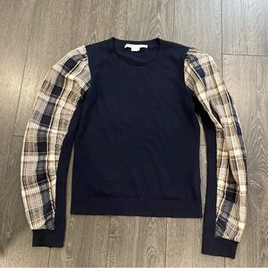 Veronica Beard Navy Sweater with Plaid Sleeves